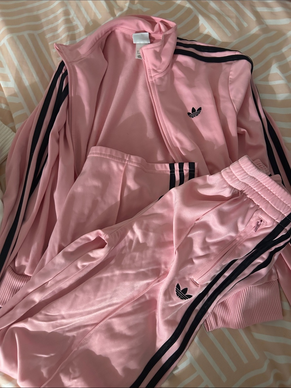 adidas Pink Track Jacket and Pants with Black Stripes